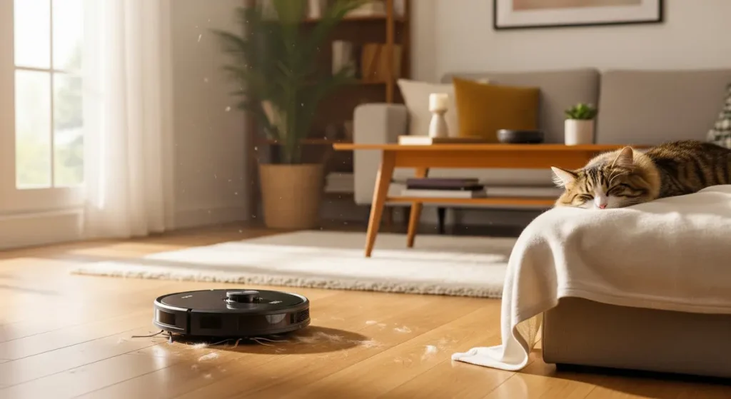 Robot aspirador compacto limpiando pelo de mascota en un piso pequeño